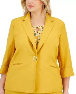 Kasper Plus Size Notch-Lapel Linen Snap-Front 3/4-Sleeve Blazer -Anne Klein Sales Store 23649681 fpx