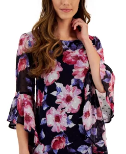 Connected Women's Swiss-Dot Floral-Print Bell-Sleeve Dress -Anne Klein Sales Store 23656250 fpx