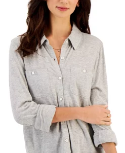 Style & Co Women's Button-Up Collared Knit Shirt, Created For Macy's -Anne Klein Sales Store 23656327 fpx