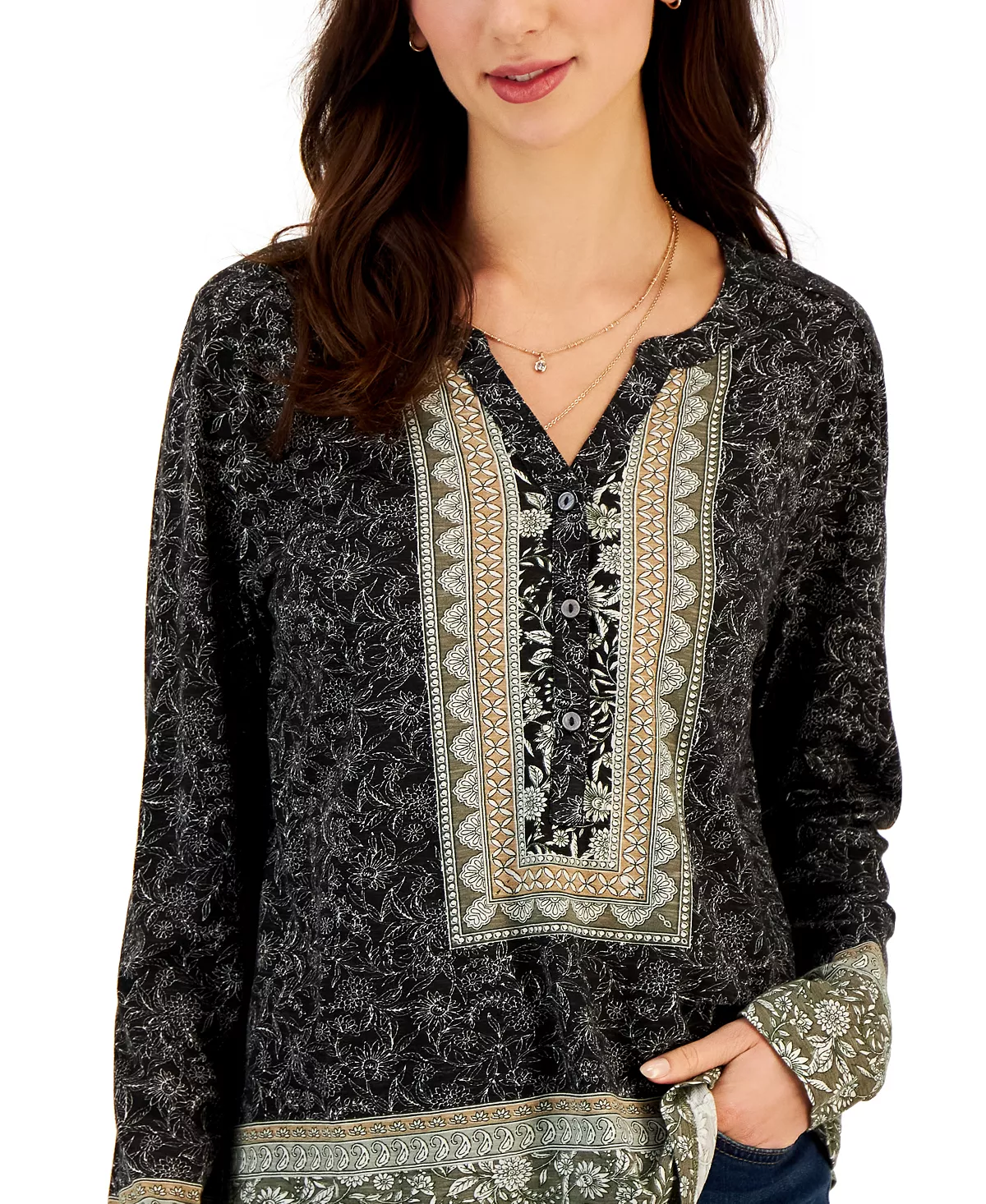 Style & Co Women's Floral Mixed-Print Split-Neck Top, Created For Macy's 3 Style & Co Women's Floral Mixed-Print Split-Neck Top, Created For Macy's - Image 3