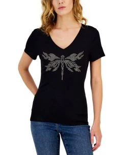 INC International Concepts Women's Embellished Ribbed Graphic Top, Created For Macy's