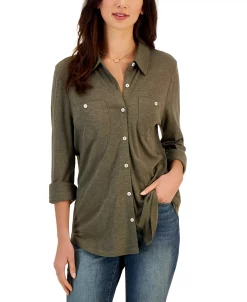 Style & Co Women's Button-Up Collared Knit Shirt, Created For Macy's -Anne Klein Sales Store 23663785 fpx
