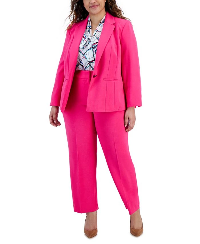 Kasper Plus Size One-Button Blazer, Printed Tie-Front Blouse, & Mid-Rise Ankle Pant 1 Kasper Plus Size One-Button Blazer, Printed Tie-Front Blouse, & Mid-Rise Ankle Pant