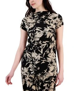 Alfani Women's Printed Pleated Bodre Short-Sleeve Top, Created For Macy's