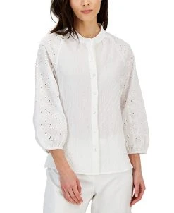Anne Klein Women's Puff-Sleeve Eyelet-Detail Blouse