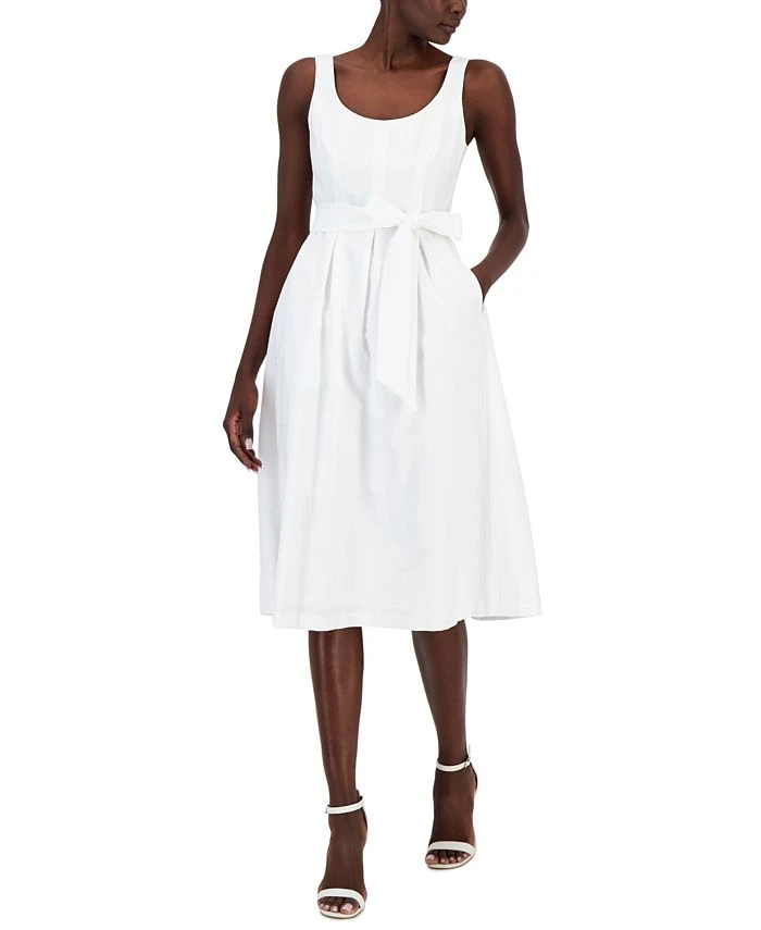 Anne Klein Women's Belted Seersucker Sleeveless Midi Dress 1 Anne Klein Women's Belted Seersucker Sleeveless Midi Dress