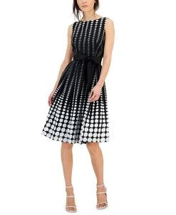 Anne Klein Women's Cotton Dot-Print Fit & Flare Belted Dress