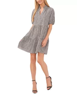 CeCe Women's Gingham Babydoll Elbow-Sleeve Tiered Dress -Anne Klein Sales Store 23757517 fpx