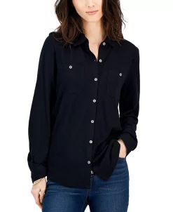 Style & Co Women's Button-Up Collared Knit Shirt, Created For Macy's -Anne Klein Sales Store 23757589 fpx