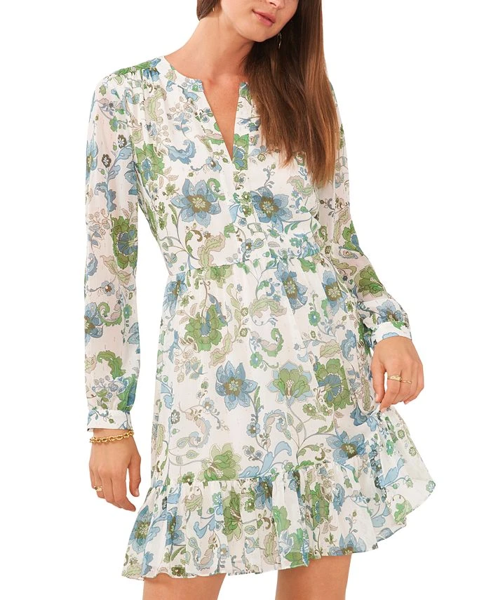 Vince Camuto Women's Printed Split-Neck Long-Sleeve Dress 1 Vince Camuto Women's Printed Split-Neck Long-Sleeve Dress