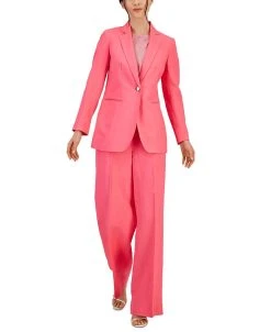 Anne Klein Women's Linen Notched-Collar One-Button Blazer, Dot-Print Boat-Neck Short-Sleeve Blouse & High Rise Wide-Leg Asymmetrical-Fly Pants