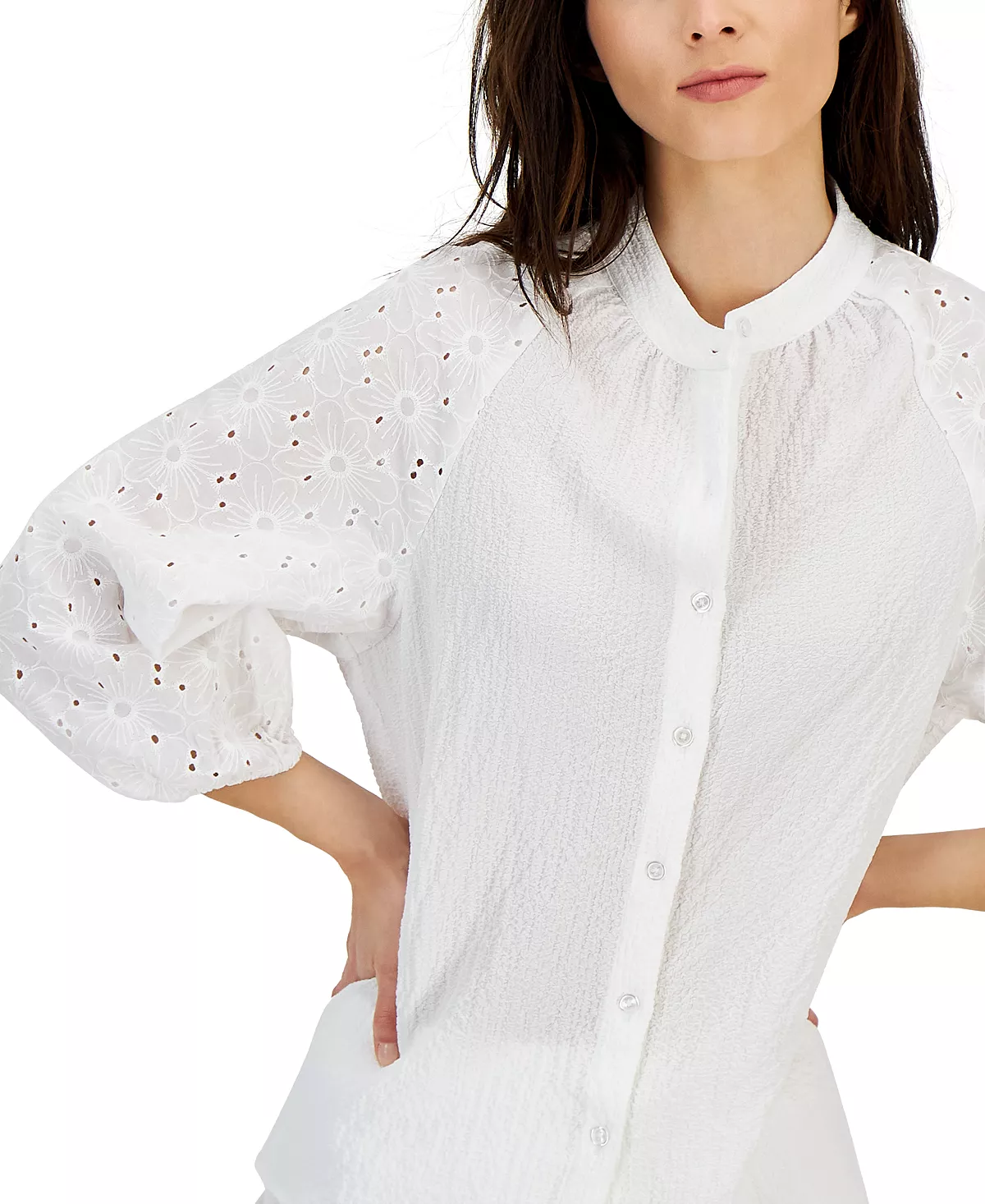 Anne Klein Women's Puff-Sleeve Eyelet-Detail Blouse 3 Anne Klein Women's Puff-Sleeve Eyelet-Detail Blouse - Image 3