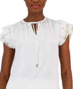 Anne Klein Women's Lace Cap-Sleeve Split-Neck Top -Anne Klein Sales Store 23777084 fpx