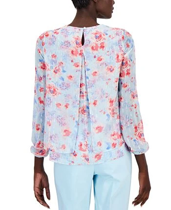 Anne Klein Women's Floral-Print Double-Layer Bracelet-Sleeve Blouse 2 Anne Klein Women's Floral-Print Double-Layer Bracelet-Sleeve Blouse - Image 2