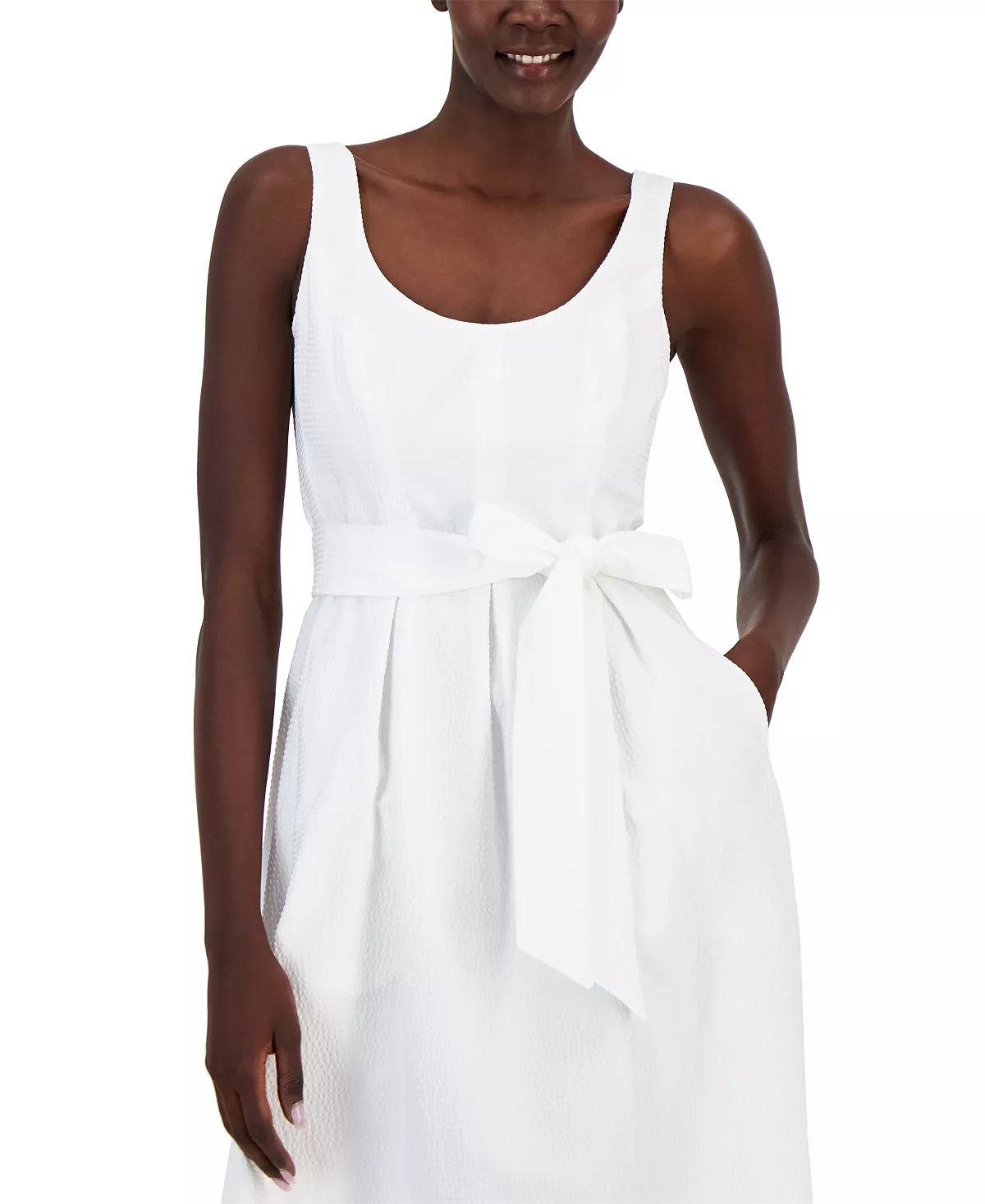 Anne Klein Women's Belted Seersucker Sleeveless Midi Dress 4 Anne Klein Women's Belted Seersucker Sleeveless Midi Dress - Image 4