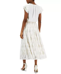 Anne Klein Women's Lace Cap-Sleeve Split-Neck Top & Pull-On Pleated Mesh Floral Skirt -Anne Klein Sales Store 23777405 fpx