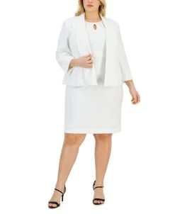 Kasper Plus Size Open-Front 3/4-Sleeve Stretch Blazer & Round-Neck Sleeveless Sheath Stretch Dress