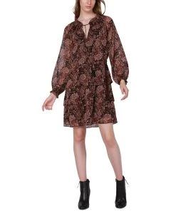 Black Tape Women's Split-Neck Tiered-Skirt Dress