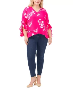 Vince Camuto Plus Size Flutter Sleeve Floral Whisps V-Neck Tunic -Anne Klein Sales Store 23932200 fpx