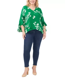 Vince Camuto Plus Size Flutter Sleeve Floral Whisps V-Neck Tunic -Anne Klein Sales Store 23932226 fpx