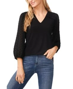 CeCe Women's Clip Dot Mixed Media Pintuck Blouse