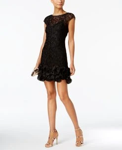Guess Floral-Lace Ruffled-Hem Sheath